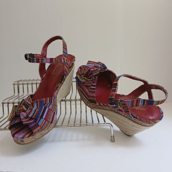 Cliffs by WHITE MOUNTAIN Shoes - Multicolored Striped Fabric Peeptoe Cork&Rope Ankle Strap Wedge Sandals Sz 6.5